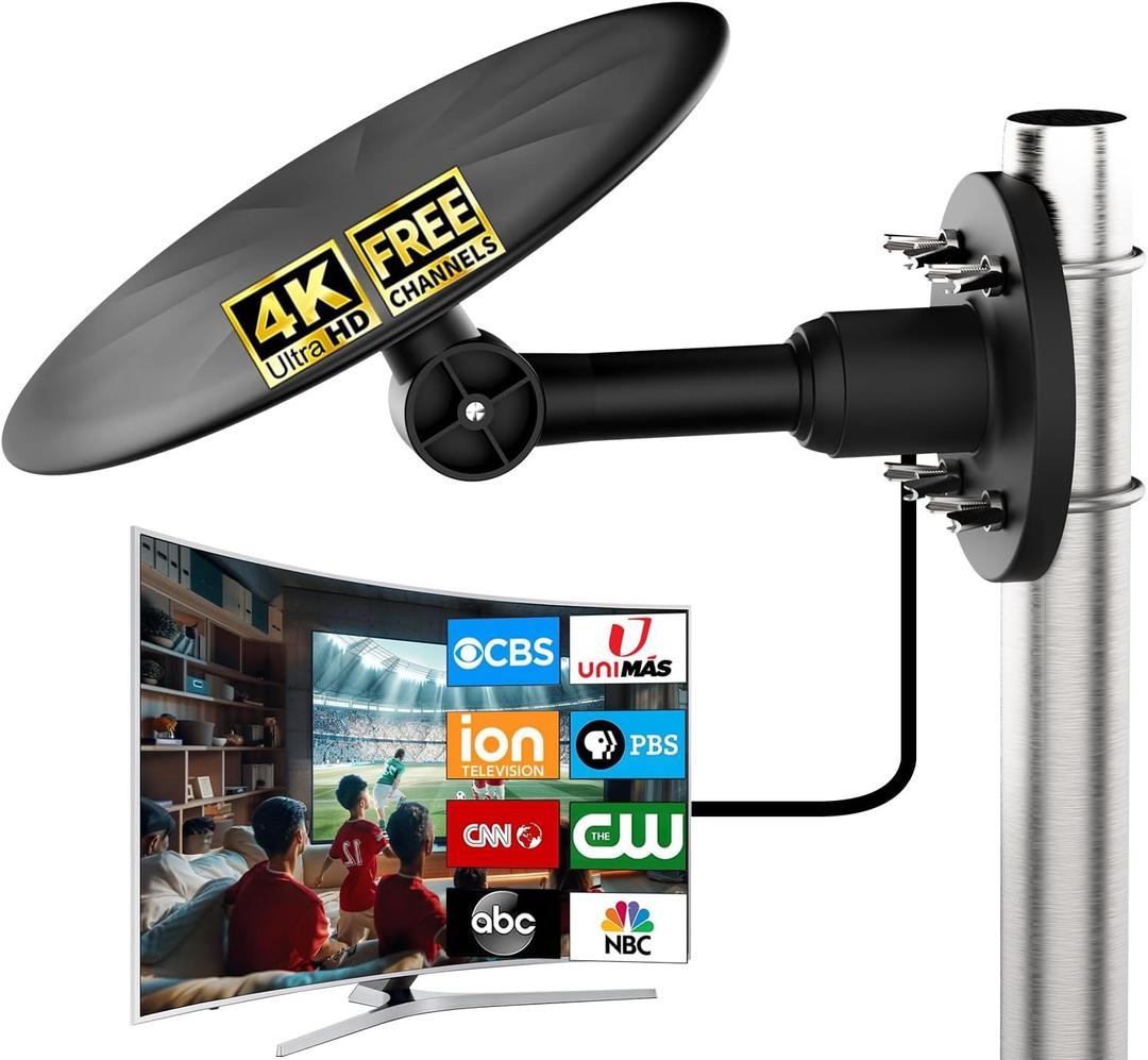 Outdoor TV Antenna for Smart TV, 360 Omni-Directional Digital HDTV Antenna, UHF VHF Reception for Roof, Attic & RV, Supports 4K 1080P OTA Local Channels, All-Weather Design, 32.8ft Coaxial Cable