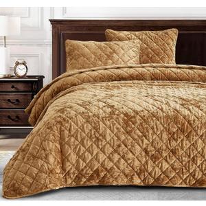 Chezmoi Collection Lux Caramel Gold Velvet Quilt Oversized King Set, 3-Piece Plush Distressed Velvet Bedding All Season Lightweight Comforter Brushed Microfiber Reverse with Diamond Stitch Quilting