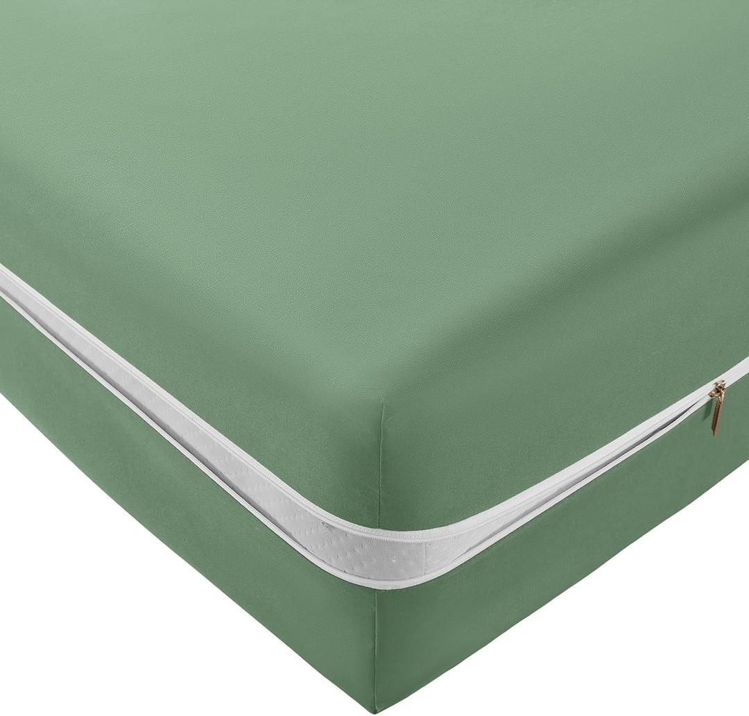 SiinvdaBZX Zipper Fitted Sheet Full Only, Ultra-Soft Microfiber Zippered Mattress Cover Protector Bed Bottom Sheet Cover for 12-16 Inch Deep Mattress, Green