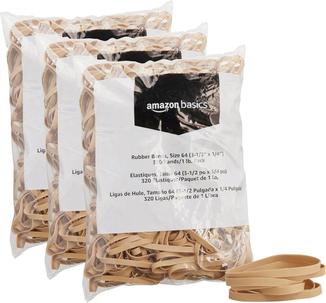 Amazon Basics Rubber Bands, Office Supplies, Size 64 (1/4"), 320 Bands/1 lb Pack, 3-Pack, Tan