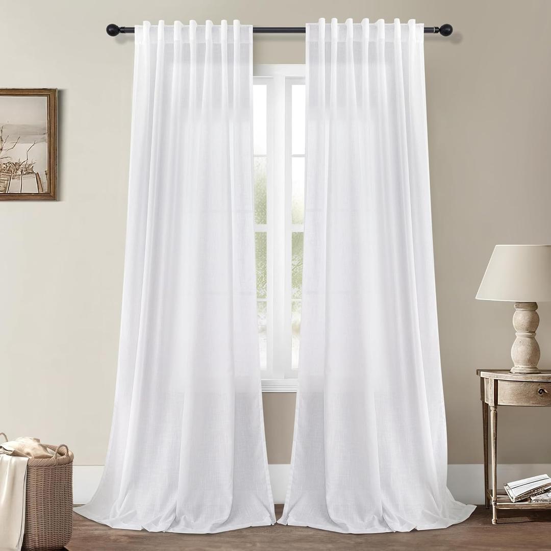 White Linen Curtains 84 Inches Long 2 Panel Set for Bedroom Back Tab Pleated Pocket Light Filtering Privacy Drape Sheer Modern Farmhouse Lace Cotton Textured Gauze Curtain for Living Room 42x84 Length