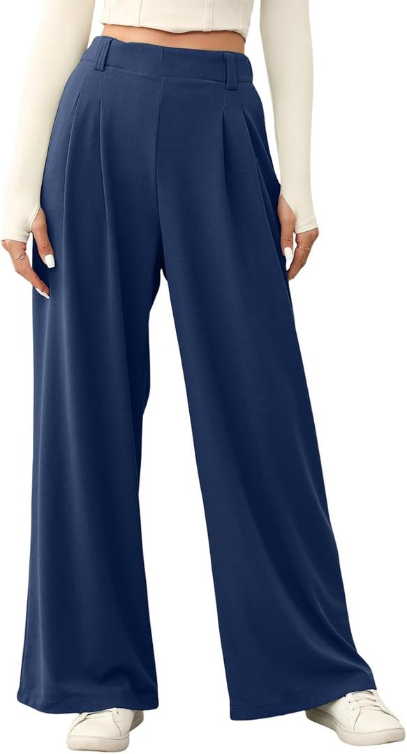 EVALESS Women's Wide Leg Pants Elastic High Waisted Waffle Knit Work Palazzo Pants Business Casual Trousers with Pockets (Blue, S)