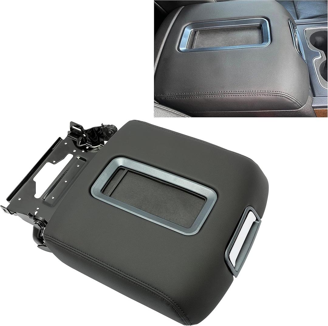 ECOTRIC Center Console Armrest Lid Compatible with 2014-2018 Chevrolet Silverado/GMC Sierra, 2015-2020 Tahoe Yukon Suburban Replace for 0227083AA L0227083AA w/Steel Bracket Black Artificial Leather