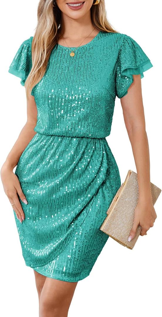 GRACE KARIN Women's Sparkly Sequin Dress Cap Sleeve Party Cocktail Holiday Dress Elegant Glitter Sparkly Dresses for Women (Lake Green, Small)