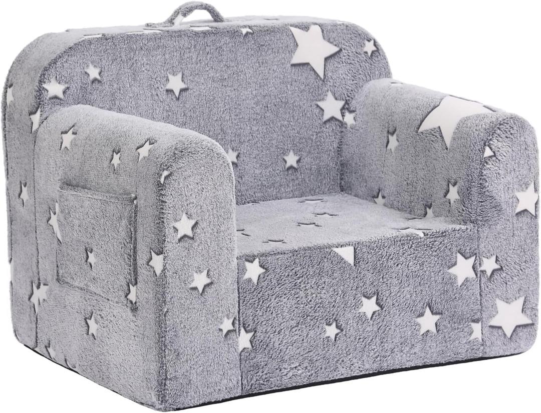 Toddler Chair Plush Kids Couch, Comfy Glow in The Dark Reading Chair with Removable and Washable Cover Carrying Handle Kids Sofa, Convertible Toddler Couch for Playroom Girls and Boys Grey Star