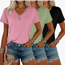 3 Pack Women's T-Shirts V Neck Summer Trendy Short Sleeve Casual Tops Spring Loose Fit Basic Straight Hem Tees, Size M, Black, Grass Green, Pink