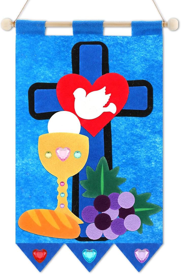 Wettarn First Communion Banner Kit for Boys Girls 9 x 12 Catholic Christian Religious Crafts Felt DIY Holy Communion Banner for Kids Sunday School Church Activity Baptism Party Decoration (Sky Blue)