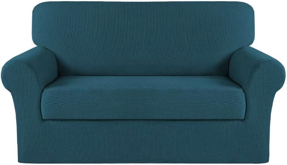 Turquoize Stretch Sofa Slipcover 2 Pieces Sofa Cover Couch Cover for 2 Cushion Couch Washable Furniture Protector Covers with Elastic Bottom Feature Thick Jacquard Fabric (Loveseat, Deep Teal)
