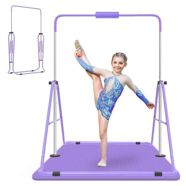 Jivifao Gymnastics Bar for Kids, Adjustable Height Gymnastic Horizontal Bars with Mat, Folding Gymnastic Training Monkey Bars, Junior Expandable Training Kip Bar for Home