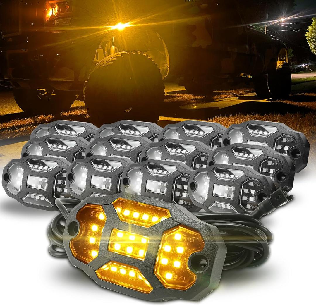 Winunite 10 Pods Amber Rock Lights Wide Angle Underglow Lights with Extension Wires, IP67 Waterproof Fender Lights for Trailer Off Road Truck ATV UTV SUV Motorcycles