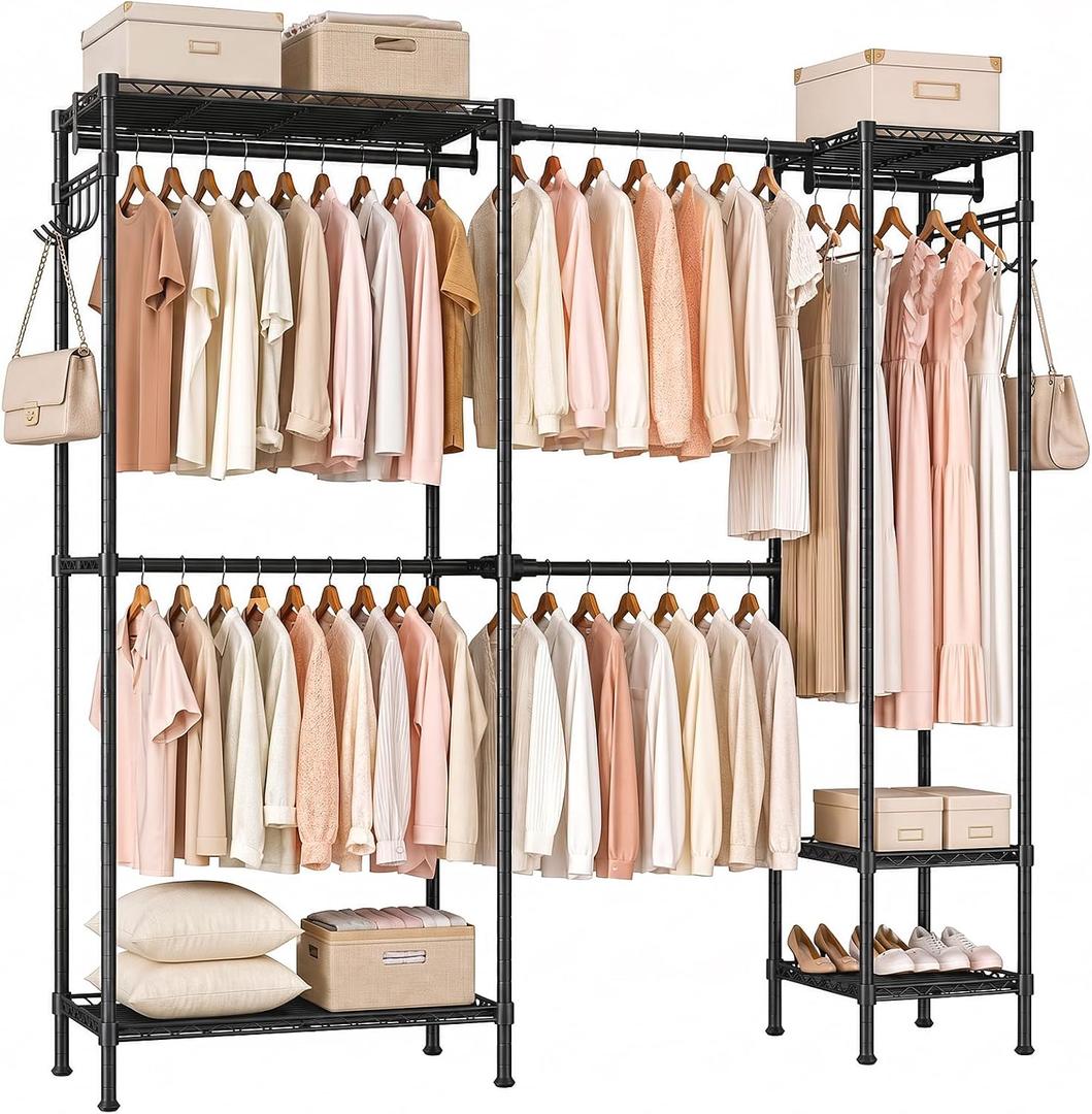 Kryonix Expandable Heavy Duty Clothes Rack, 70-88.2" Wide Freestanding Garment Rack with Shelves, 6-Tier Metal Closet Organizer, Hanging Rods for Bedroom, Load 900 lbs - Black 4 Hanger Rods
