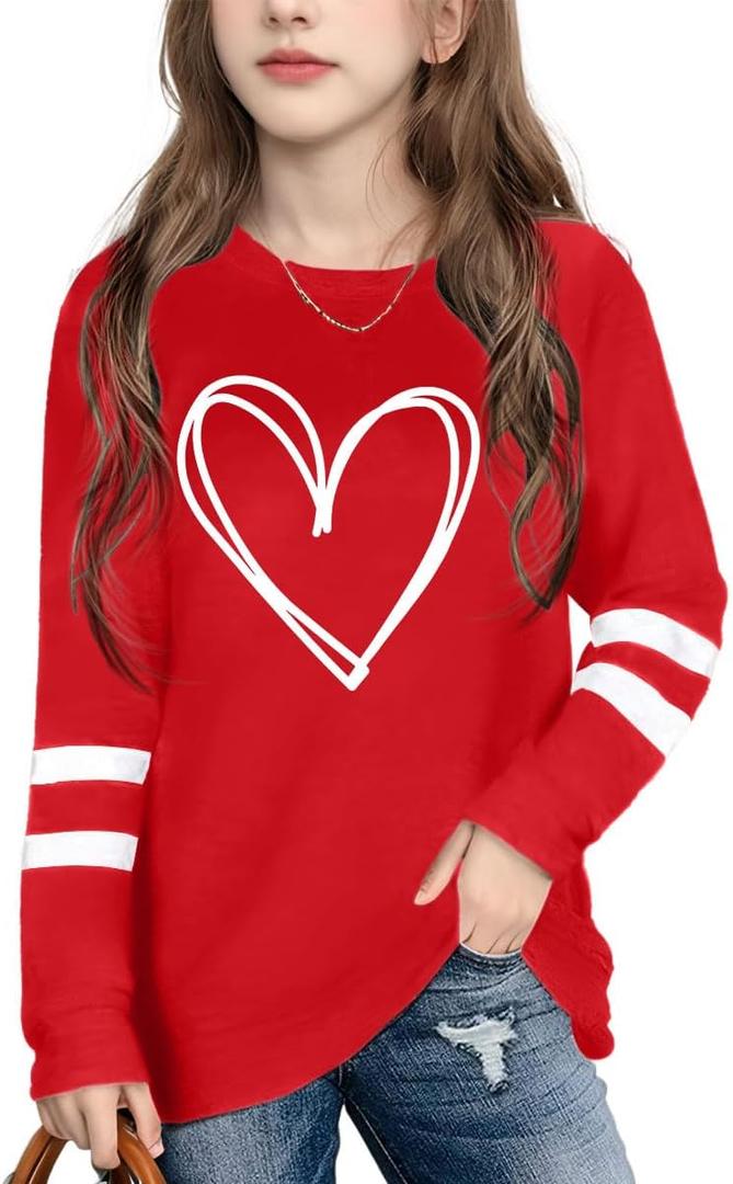 Kids Valentine Shirt Girls Valentines Shirts Cute Heart Graphic Long Sleeve Tee Tops (10-12 Years, Ared2)