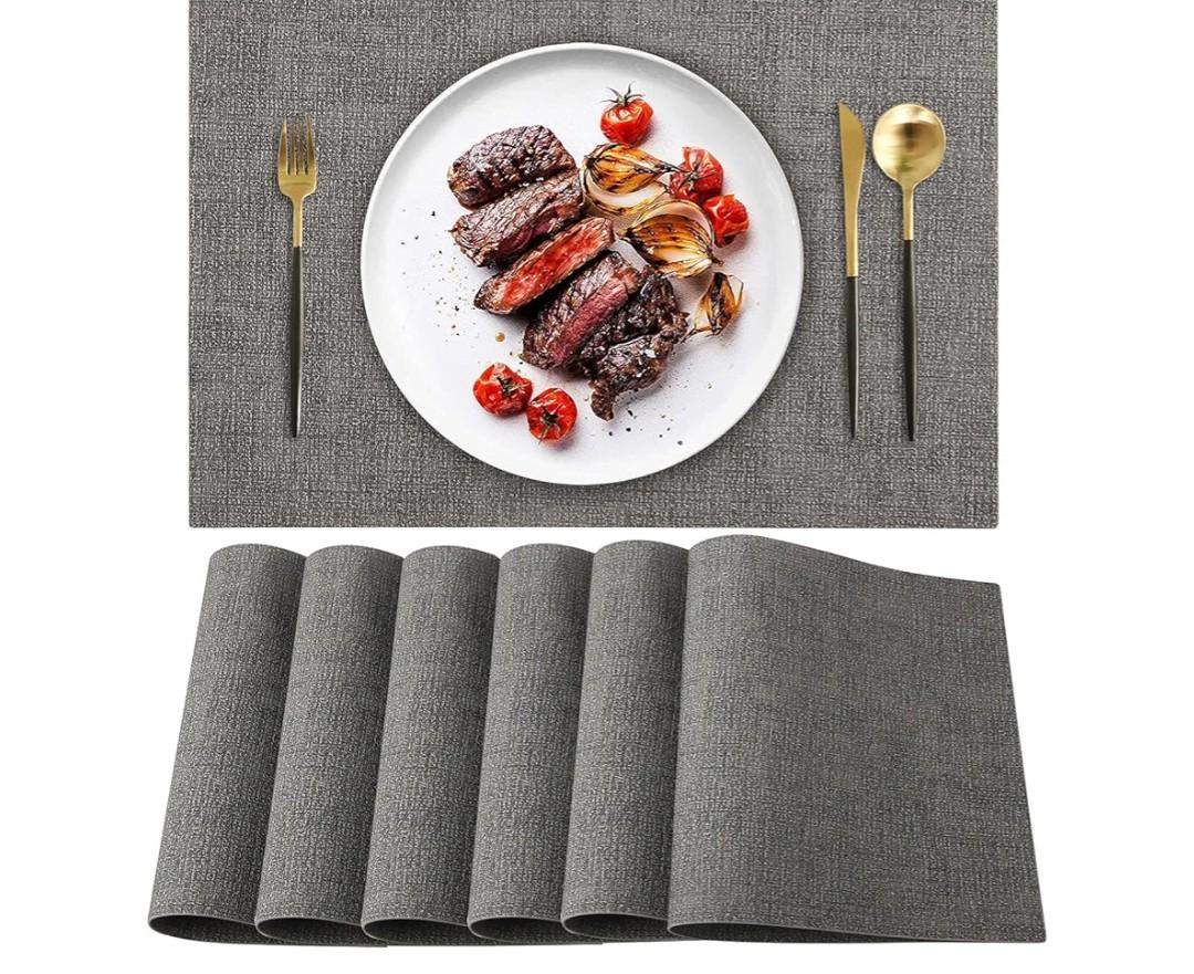 LANDVIEW Leather Heat Resistant Placemats Set of 6 Waterproof Wipeable Washable PU Table Mats,Easy to Clean AntiSlip Place Mats (Smokey Grey, 6)