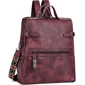FADEON Leather Laptop Backpack for Women, Designer Ladies Work Travel Computer Backpack with Laptop Compartment Purse Red (Red Retro Style)