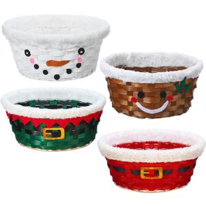 Youyole 4 Pieces Christmas Basket for Gifts Woven Bamboo Xmas Round Gingerbread Basket Small Santa Claus for Christmas Party Supplies Gift Snack Storage