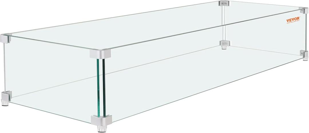 Gas Fire Pit Wind Guard for Square Fire Table, 23.5 x 7.5 x 6.5 inch Clear Tempered Wind Guard for Firepits, 0.31 inch Thick Square Glass Shield, Glass Panel with Hard Corner Bracket & Feet