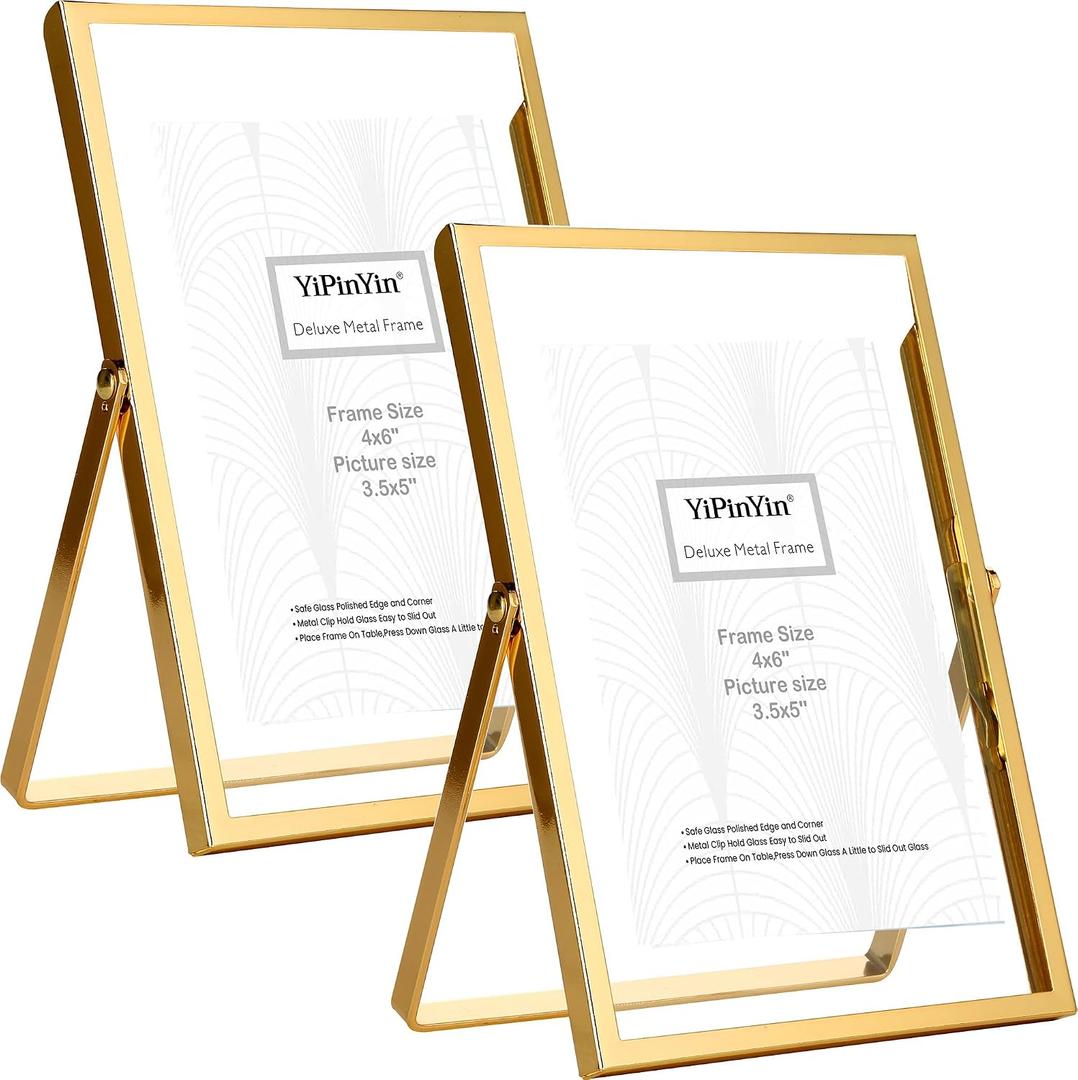 YiPinYin 4x6'' Gold Floating Frame Set of 2, For Photo Sizes (2x3'', 3.5x 5''), Plated Metal Frames for Tabletop/Shelf Display, Wedding, Christmas,Birthady, Home or Office Decoration Frames Silver.