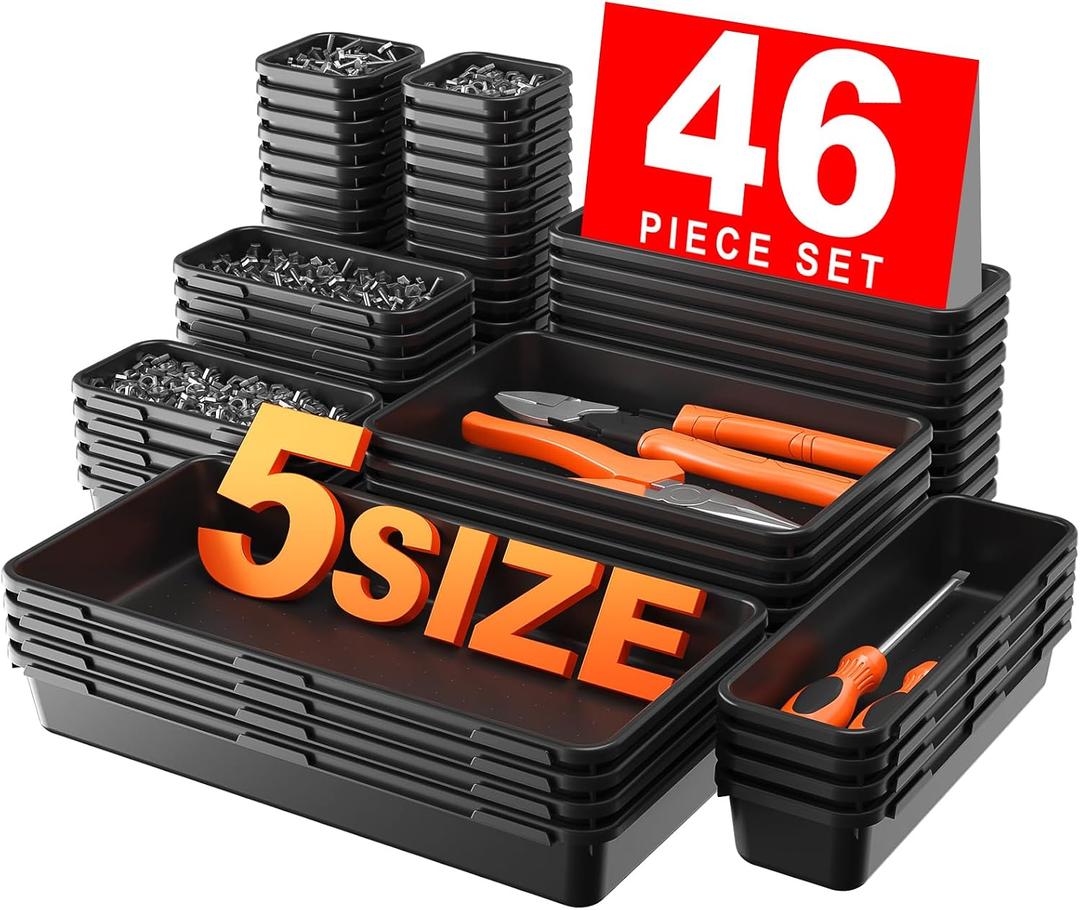 A-LuGei & 5 Size Tool Box Organizer Tray Divider Set, Black Bathroom Drawer Organizer Bin, Garage Organization and Storage Toolbox Rolling Tool Chest Cart Cabinet WorkBench Small Part