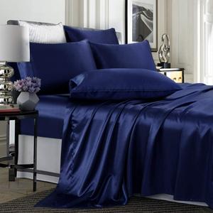 TREELY 6 Piece Satin Sheets California King Size Silky Smooth Navy Blue Sheet Set with Deep Pocket, Fitted Sheet, Flat Sheet, 4 Pillowcases