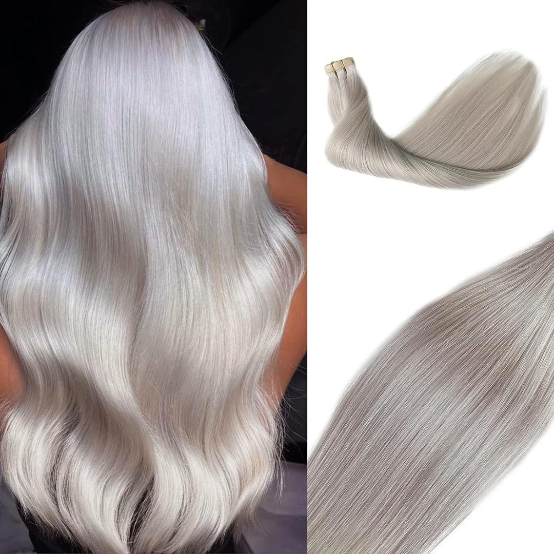 Platinum Sliver Tape in Hair Extensions,20Inch Silky Straight Tape in 100% Remy Hair Extensions 50grams 20pcs Seamless Skin Weft Platinum Sliver Tape ins Extension for Women