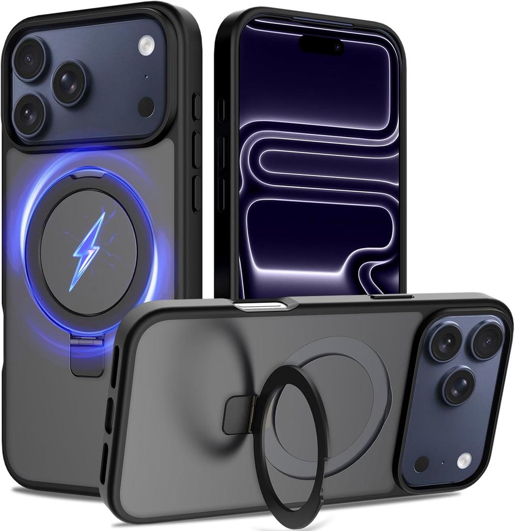 Ultra-Magnetic Stand for iPhone 17 Pro Case [Military Drop Protection] [Compatible with MagSafe] Shockproof Translucent Matte Slim Ring Holder Case for iPhone 17 Pro (Black)