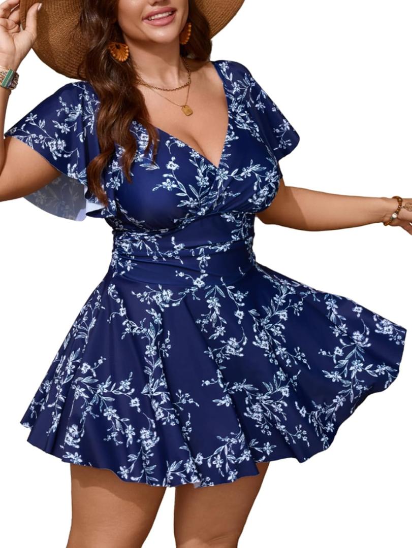 SCOMCHIC Women’s Plus Size Bathing Suit One Piece Swimsuit Swim Dress Tummy Control Ruffle Wrap V Neck Swimwear 3XL