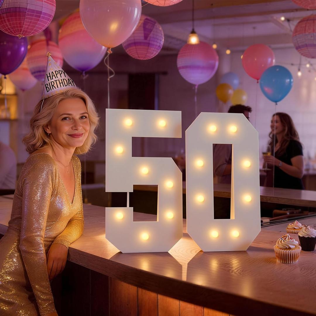 Marquee Numbers 50th Birthday Decorations: Large 2FT Light up Number Big Sign for Women Men Fifty Years Old Birthday Party Decor Anniversary Funny Retirement Over the Hill Mosaic Balloon, 27.6 inches