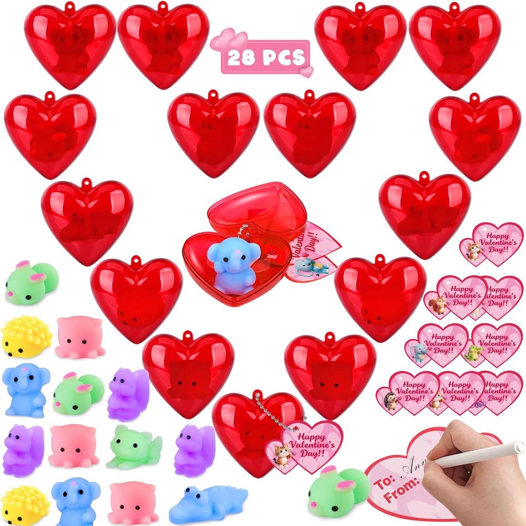 Amy&Benton 28 Packs Valentines Day Squishy Toys Filled Hearts and Gift Cards for Kids Valentine Classroom Exchange Gifts, Valentine Party Favors, Stress Relief Fidget Toys, School Prizes