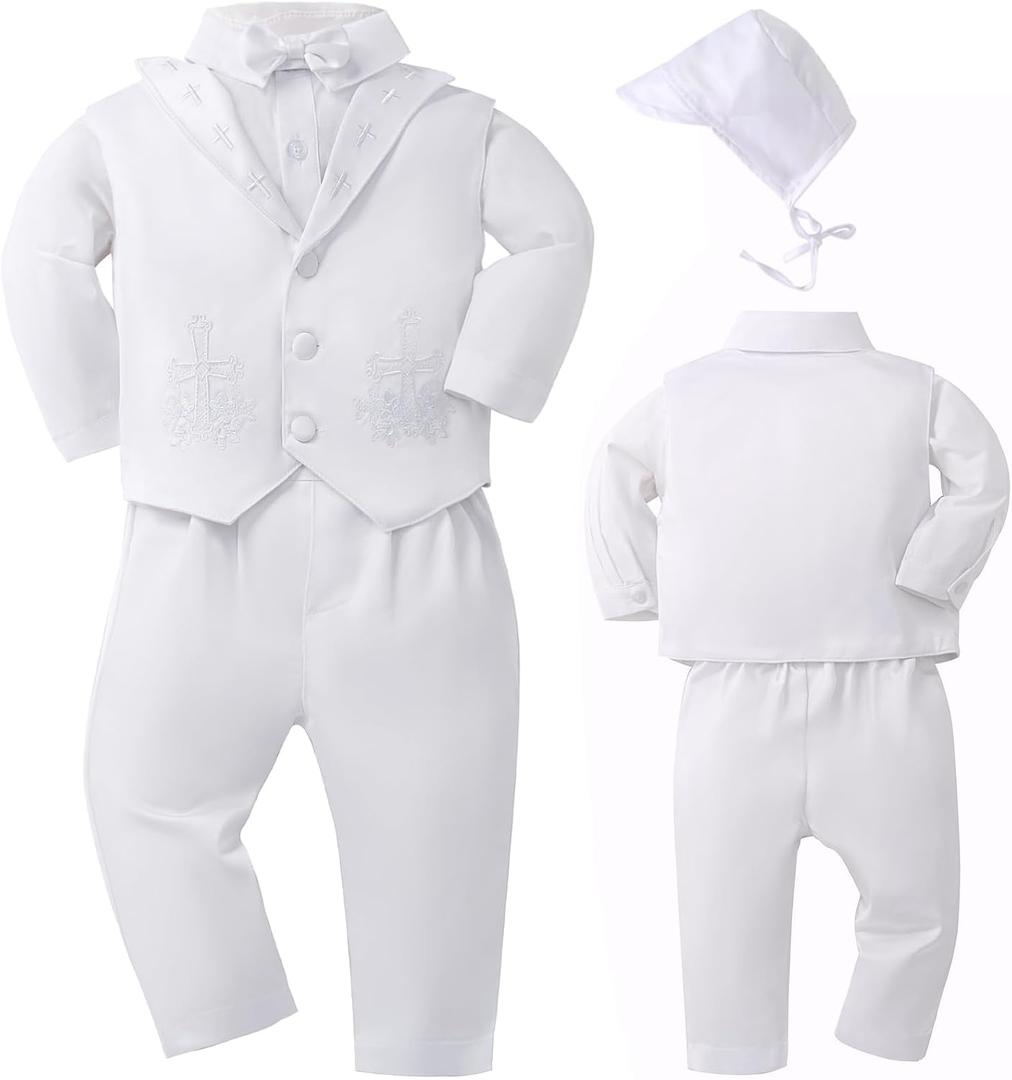Booulfi Baptism Outfits for Boys Baby Boy Outfits Christening Gifts White Suits with Dress Shirt Pants (3-6 Months)