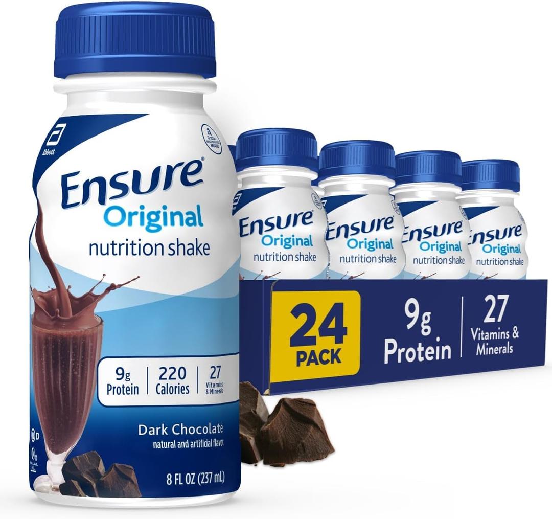 Ensure Original Dark Chocolate Nutrition Shake | Small Meal Replacement Shake | Ready To Drink | 9g Protein, 27 Vitamins and Minerals | 8 fl oz - 24 Pack (EXP 08/01/27)