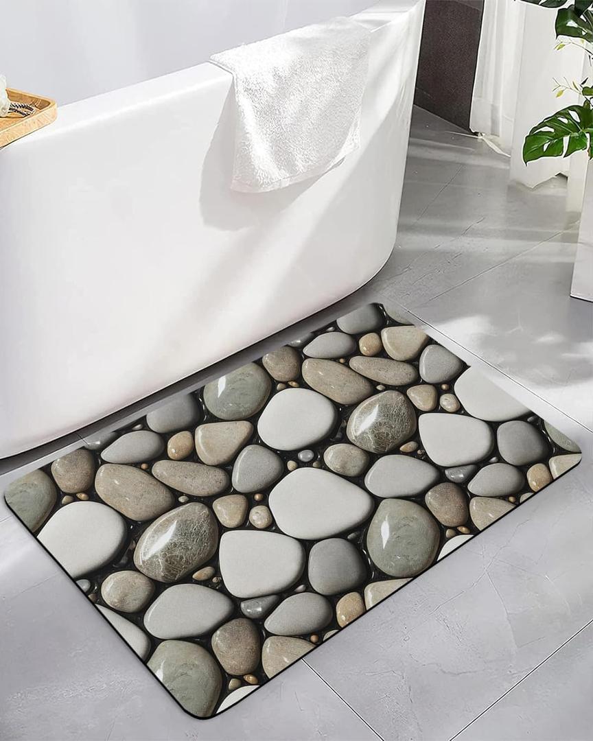 Pebble Stone Bath Mat,Non Slip Bathroom Floor Runner Rug Quick Dry & Absorbent Diatomaceous Earth Kitchen Room Shower Sink Washable Doormat,Minimalist Creative Black White Geometry 20"x32"