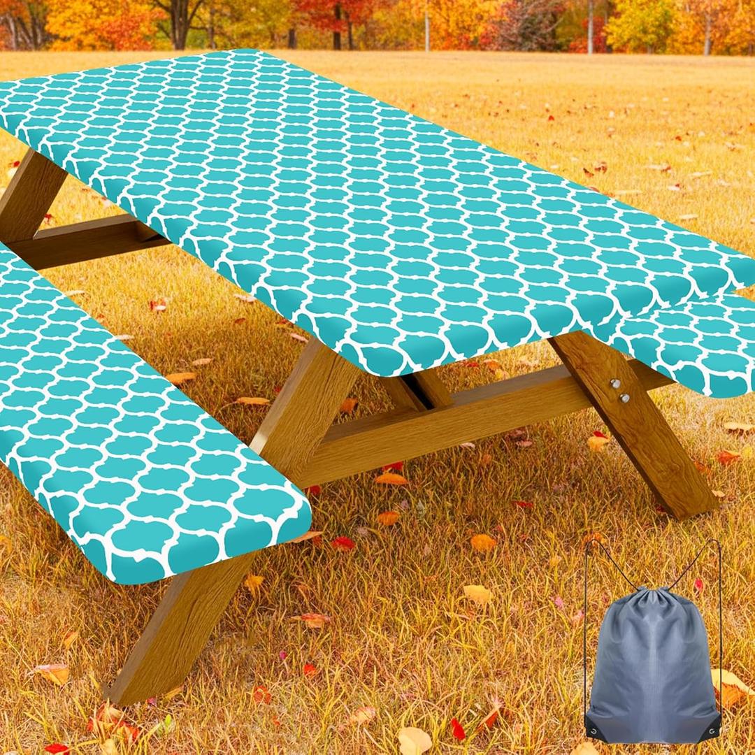Smiry Picnic Table Cover with Bench Covers, Waterproof Elastic Fitted Tablecloth for 6 Foot Tables, Washable Polyester Tablecloths for Camping, Indoor & Outdoor (Teal, 30x72 Inch 3-pc Set)