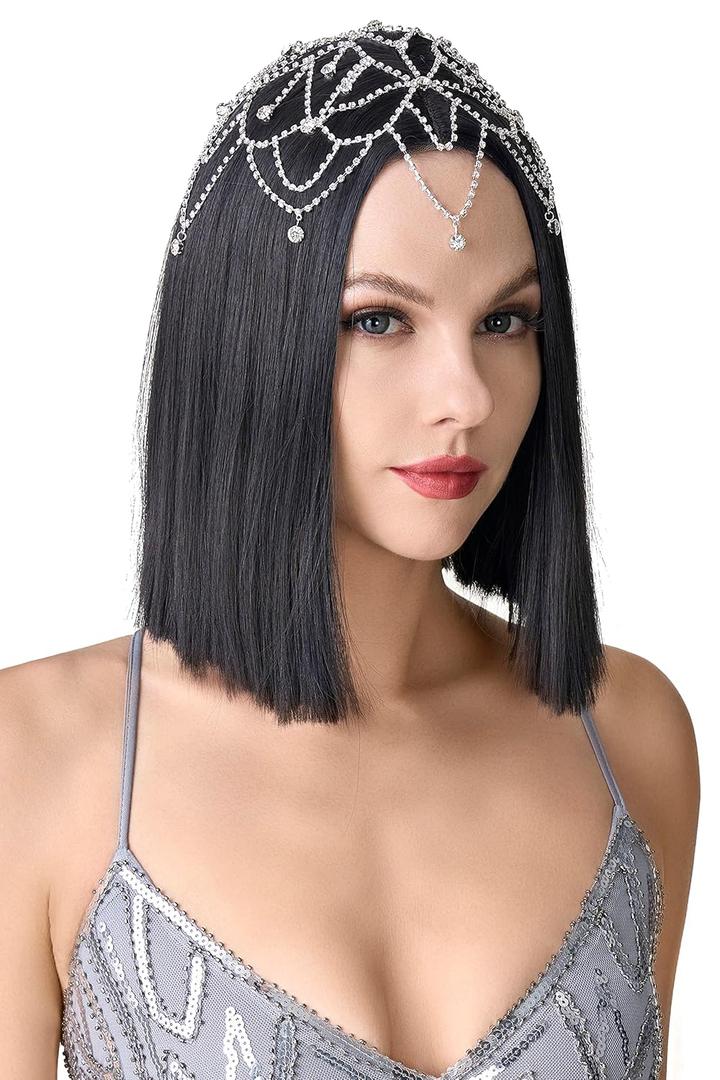 BABEYOND 1920s Crystal Cap Headpiece Rhinestone Head Chain Roaring 20s Great Gatsby Hair Accessories for Art Deco Party (Silver)