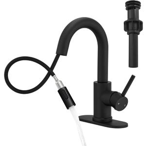 Black Bathroom Sink Faucet with Pull Out Sprayer for Sink 1 Hole,Bar Sink Faucet with Pop-Up Drain,Stainless Steel Single Handle Kitchen Faucet 360Swivel Bathroom Faucets for Two Water Outlet Modes
