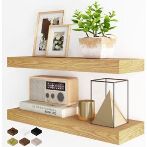 Fun Memories Floating Shelves for Wall, 24Inch Floating Shelves Set of 2, Hanging Shelf with Invisible Brackets, Wood Shelves for Living Room, Bedroom, Kitchen, Oak