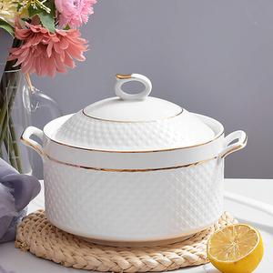 White Soup Tureen with Gold Design,Double Handle Soup Serving Bowl with Lid and Ladle Bone China Tableware,3.2L