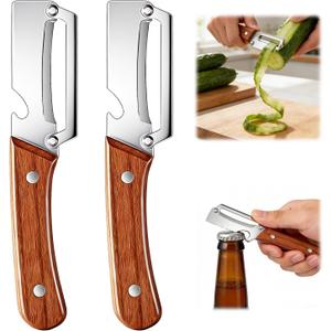 2 Pcs Multi-Functional Vegetable Peeler for Kitchen, Premium Vegetable Peeler with Wooden Handle and Bottle Opener, Stainless Steel Blade Kitchen Tool for Fruit Apple Potato Pumpkin Papaya Carrot