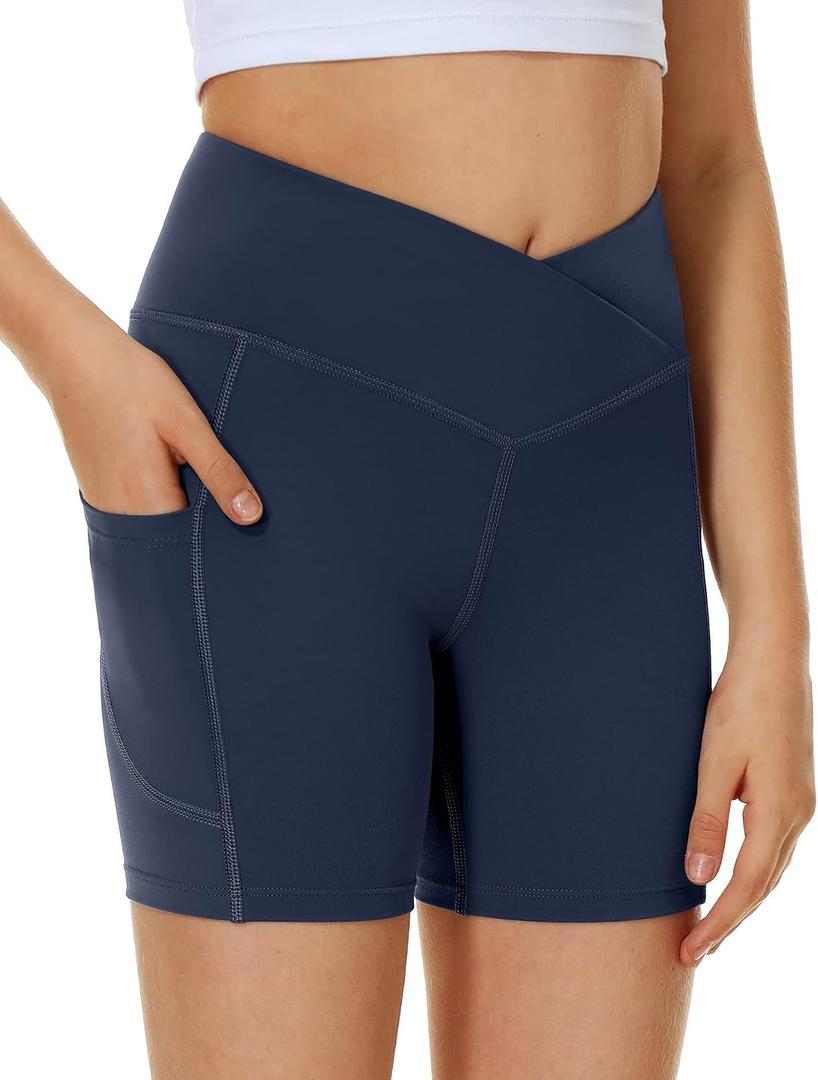 3 x Ewedoos Girls Volleyball Athletic Shorts with Pockets - Preppy Spandex Dance Shorts for Teen Girls (Blue, M)