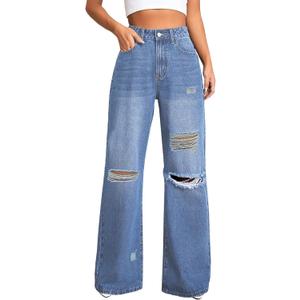 Distressed Wide Leg Jeans for Women High Waisted Loose Ripped Boyfriend Jeans Y2K Stretch Denim Pants XL 