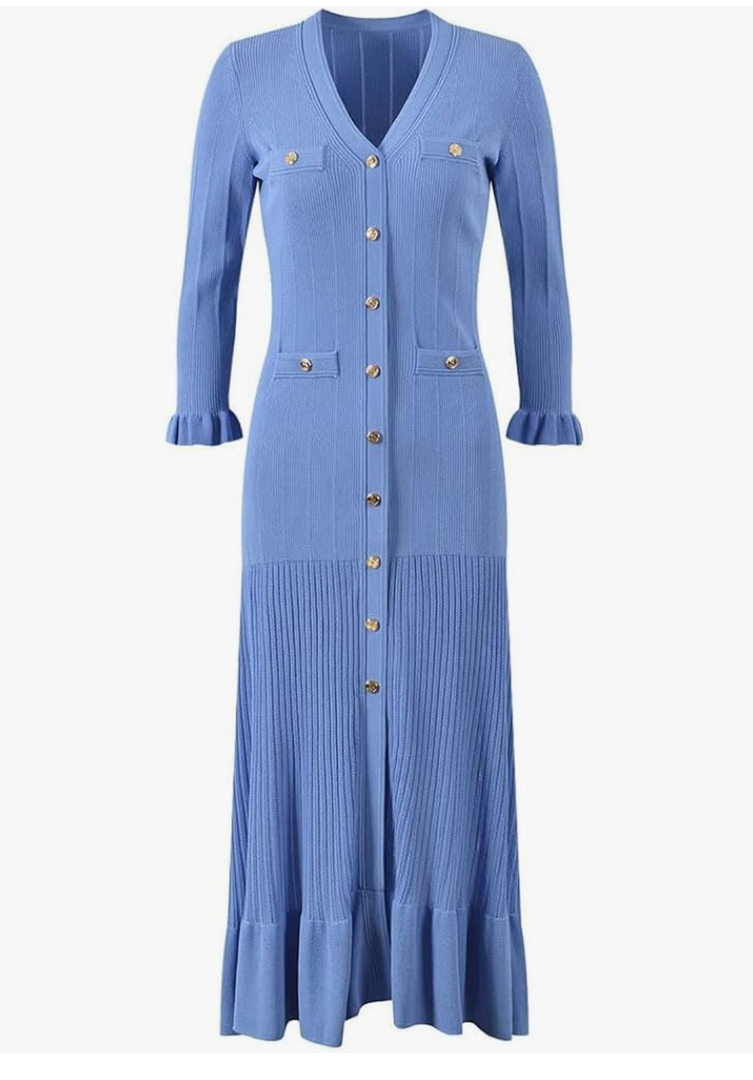 Women Knit Three Quarters Sleeve Single-Breasted V-Neckline Ladies Maxi Long Solid Dresses, L