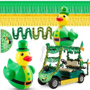 Hungdao St Patrick's Day Golf Cart Decorations Kit 4ft Inflatable Duck Blow up Kit Shamrock Car Decorations with Tinsel Garlands Fan Flag for Parade Outdoor Yard Party