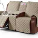 KinCam 100% Waterproof Recliner Loveseat Cover with Console, Non-Slip Reclining Couch Covers for 2 Seat, Recliner Sofa Cover Furniture Protector with Elastic Straps for Kids, Pets, Khaki
