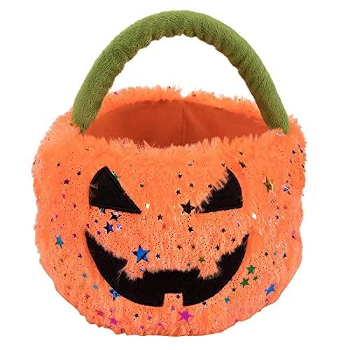 BLUE PANDA Plush Jack-O-Lantern Trick or Treat Basket for Halloween, Pumpkin Bucket for Candy (Orange, 8 x 8 in)