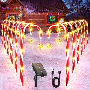 12 Pack Christmas Decorations Outdoor Solar Candy Cane Lights, Solar Christmas Pathway Lights with USB Charge, 10 Modes 72 LEDs Waterproof Outdoor Christmas Decorations for Garden Yard Pathway (Red/White)