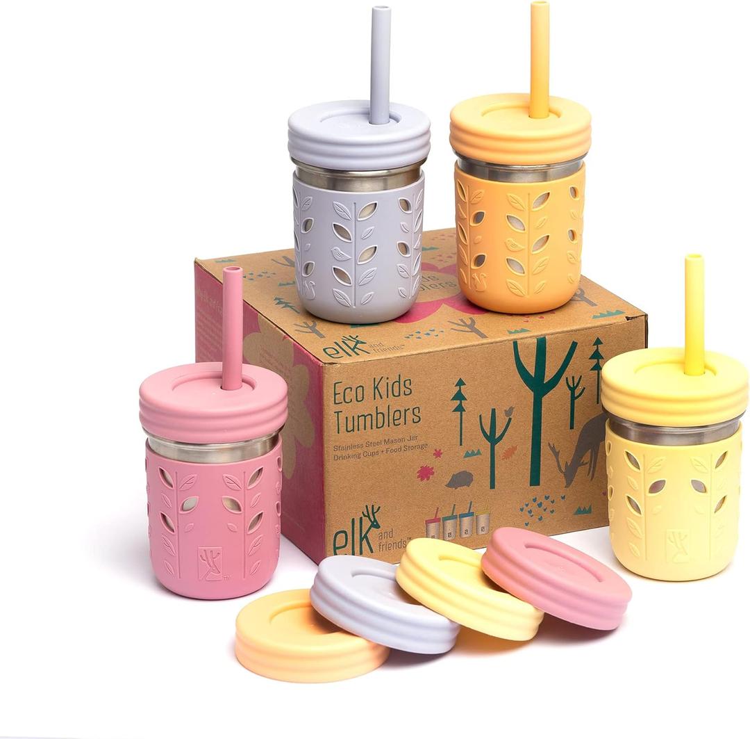 Elk and Friends 10oz Stainless Steel Kids + Toddler Drinking Cups | The Original Mason Jar with Sleeves + Lids | Silicone Straws | Smoothies | Storage Jar | Spill Resistant | Dishwasher Safe | 4 Pack (Blush/Lilac/Lemon/Peach)
