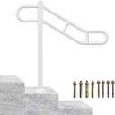 Upgraded Single Post Handrail, 32" - 8.5"L x 35.8"H Hand Rails for Outdoor Steps, White Metal U-Shaped Stair Railing, Floor Mounted Hand Rails for Outdoor 1-3 Steps with 2 Anti-Skid Crossbar for Porch