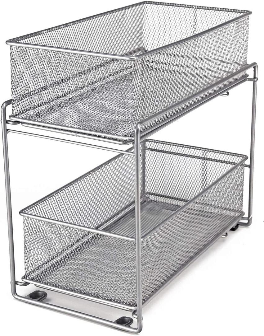 2 Tier Sliding Basket Stackable Cabinet Pull-Out Drawer Mesh Organizer for Kitchen Under Sink Storage (Silver)