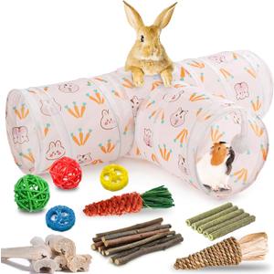 HERCOCCI Rabbit Toys, Bunny Tunnels & Tubes, Collapsible 3 Way Rabbit Hideout Tunnel with Chew Toys for Bunny Guinea Pig Ferret Kitten (White)