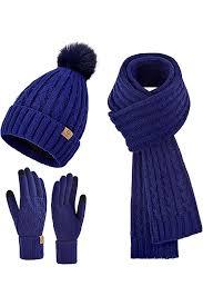 Womens Winter Warm Beanie Hat Long Scarf Touchscreen Gloves Set with Fleece Lined Skull Pom Caps 3 in 1 Set for Gift