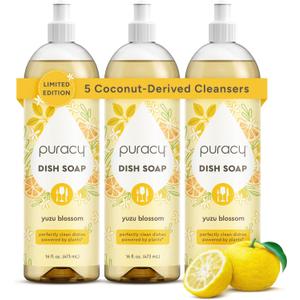Puracy Natural Dish Soap - Skin-Softening Dishwashing Soap, Non-Toxic Dish Soap, Organic Liquid Dishwashing Detergent Soap, Coconut-Derived Cleanser (Yuzu Blossom, 16 fl oz, 3 Pack)